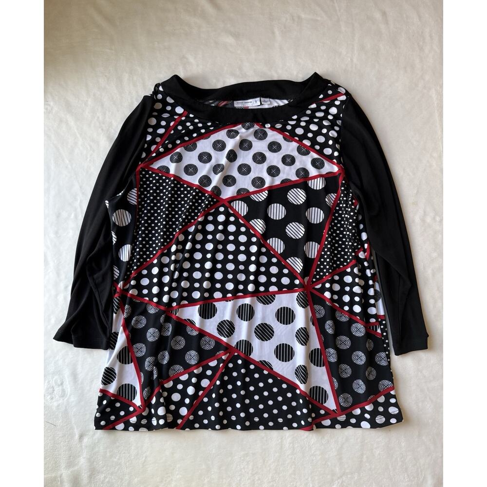 Susan Graver Womens Black Polka Dot Patchwork 3/4 Sleeve Blouse Size XL